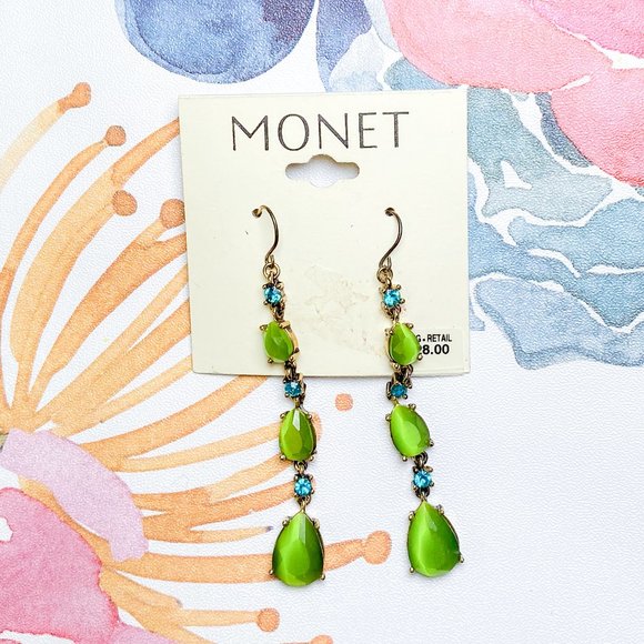 MONET Jewelry || Smokey Emerald Green Baby Blue Dimond Look Dangle Hook Earrings - Picture 1 of 6